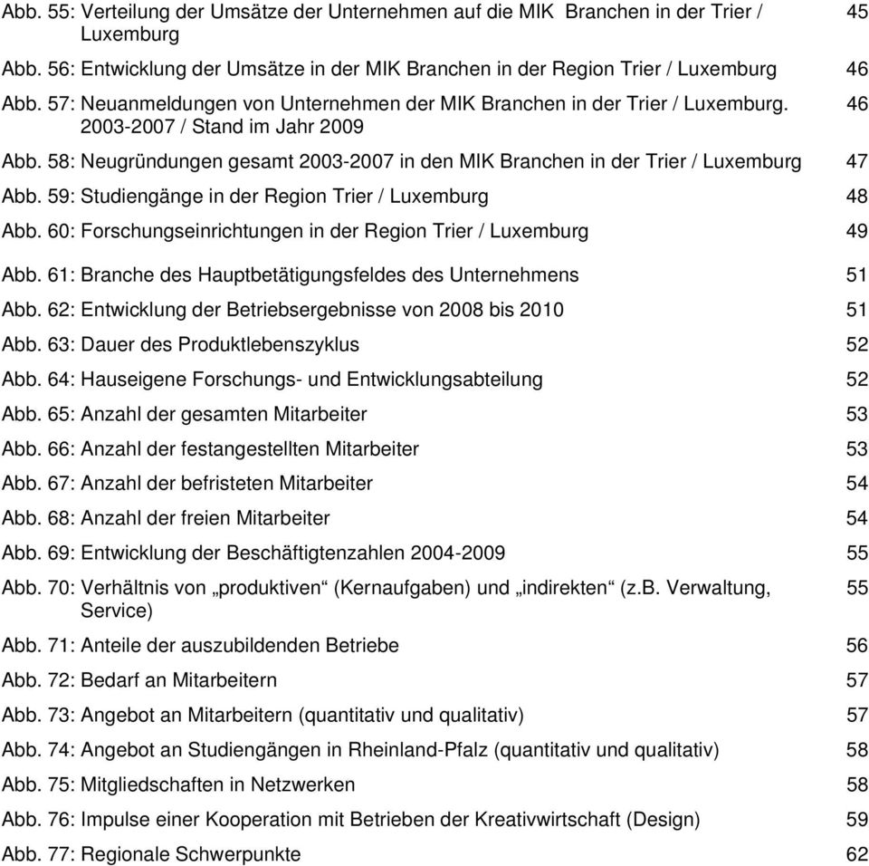 58: Neugründungen gesamt 2003-2007 in den MIK Branchen in der Trier / Luxemburg 47 Abb. 59: Studiengänge in der Region Trier / Luxemburg 48 Abb.