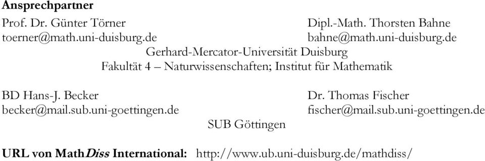 de Gerhard-Mercator-Universität Duisburg Fakultät 4 Naturwissenschaften; Institut für Mathematik BD