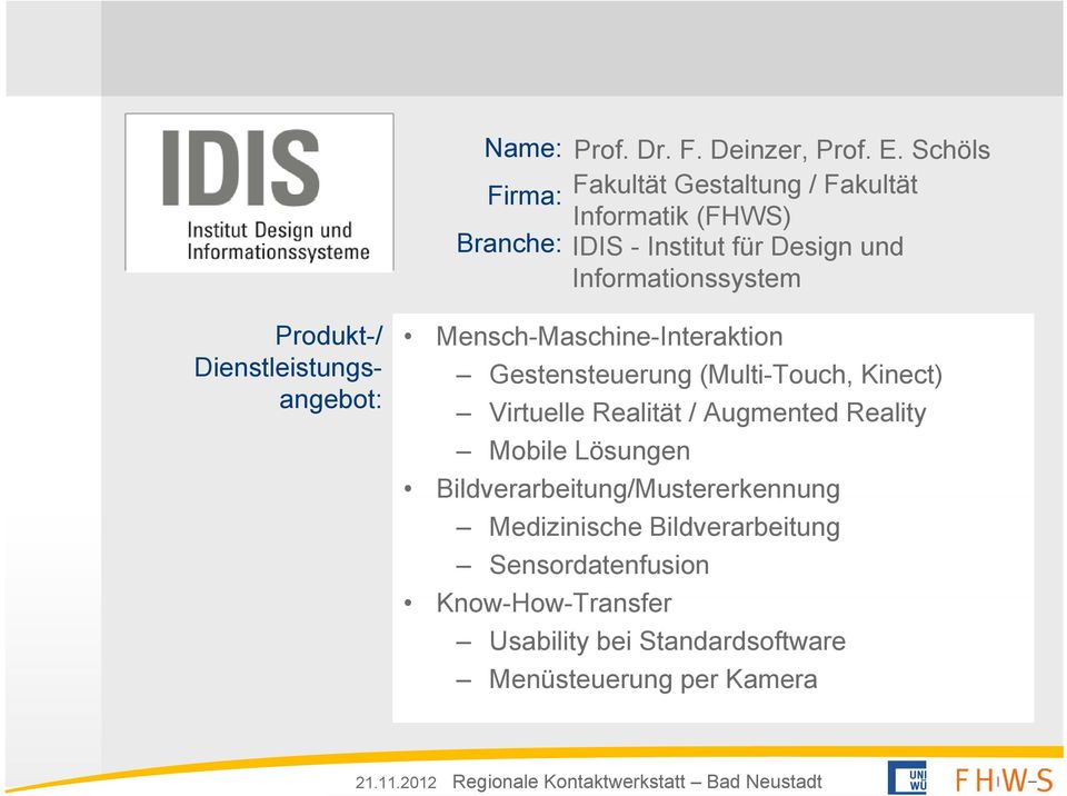 Produkt-/ Dienstleistungs- angebot: Mensch-Maschine-Interaktion Gestensteuerung (Multi-Touch, Kinect) Virtuelle