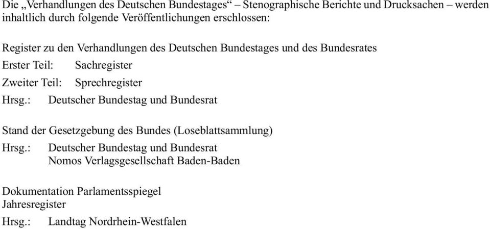 : Sachregister Sprechregister Deutscher Bundestag und Bundesrat Stand der Gesetzgebung des Bundes (Loseblattsammlung) Hrsg.