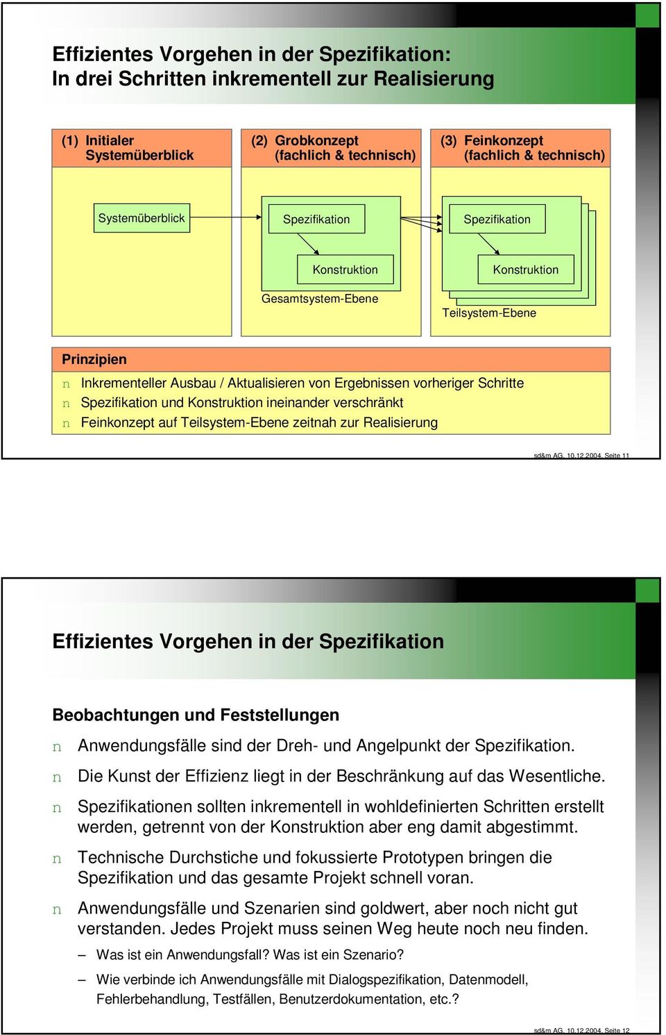 Teilsystem-Ebee zeitah zur Realisierug Seite 11 Effizietes Vorgehe i der Spezifikatio Beobachtuge ud Feststelluge Awedugsfälle sid der Dreh- ud Agelpukt der Spezifikatio.