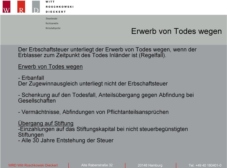 Erwerb von Todes wegen - Erbanfall Der Zugewinnausgleich unterliegt nicht der Erbschaftsteuer - Schenkung auf den Todesfall,