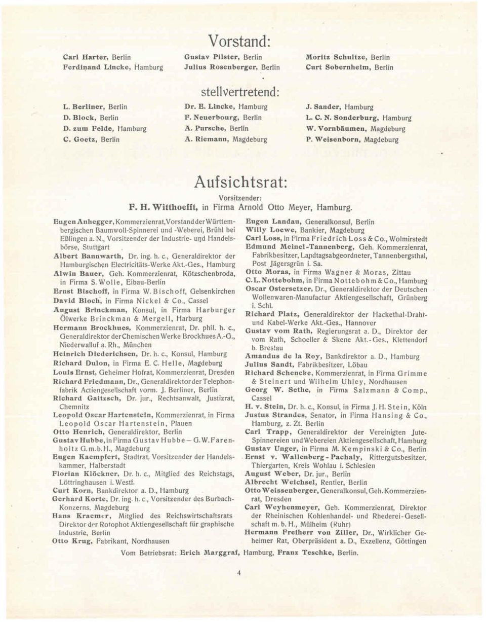 Vornbäumen, Magdeburg P. Weisenborn, Magdeburg Aufsichtsrat: Vorsitzender: P. H. Witthoefft, in Firma Arnold Otto Meyer, Hamburg.