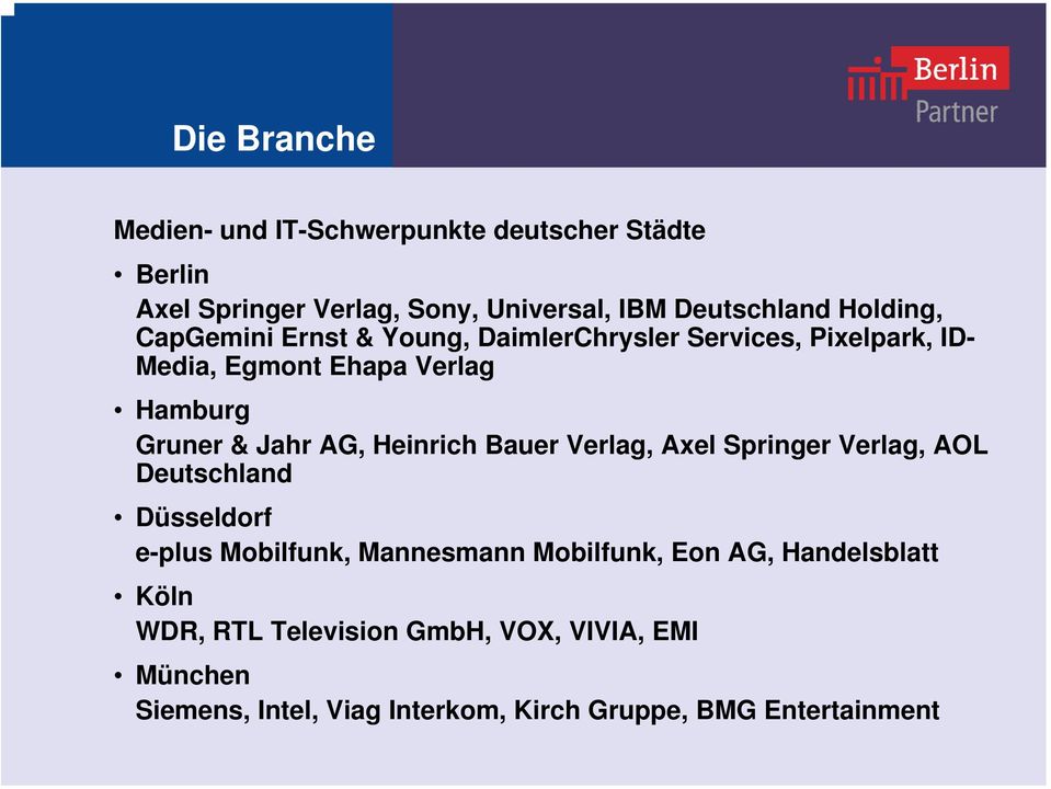AG, Heinrich Bauer Verlag, Axel Springer Verlag, AOL Deutschland Düsseldorf e-plus Mobilfunk, Mannesmann Mobilfunk, Eon AG,