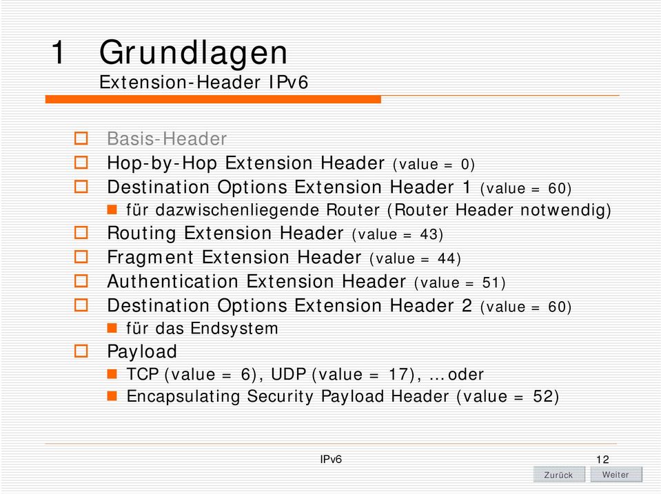 Fragment Extension Header (value = 44) Authentication Extension Header (value = 51) Destination Options Extension Header 2