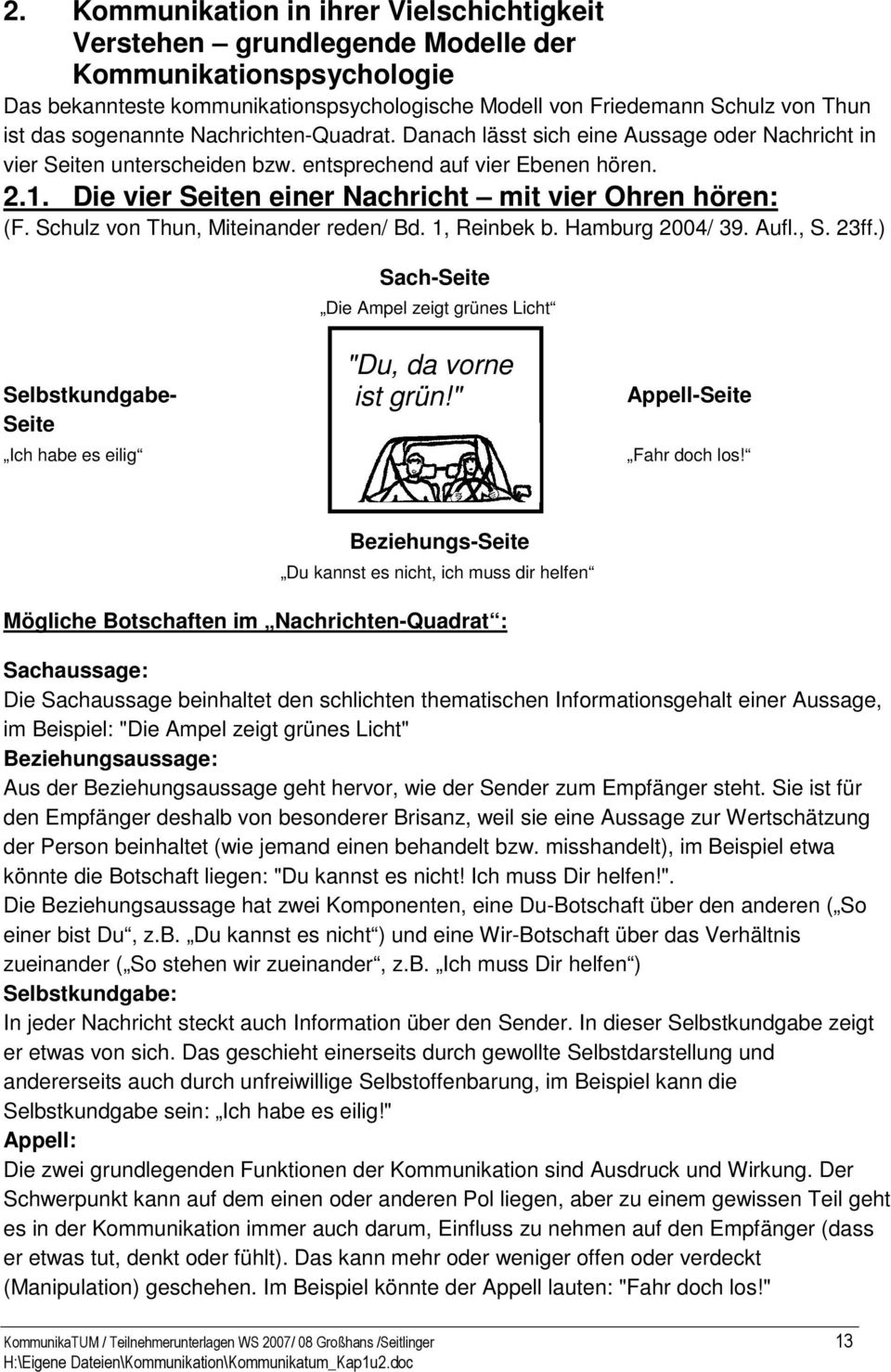Die vier Seiten einer Nachricht mit vier Ohren hören: (F. Schulz von Thun, Miteinander reden/ Bd. 1, Reinbek b. Hamburg 2004/ 39. Aufl., S. 23ff.