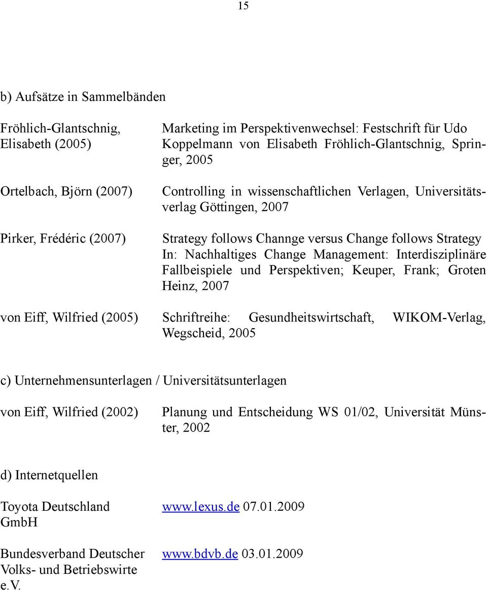 In: Nachhaltiges Change Management: Interdisziplinäre Fallbeispiele und Perspektiven; Keuper, Frank; Groten Heinz, 2007 Schriftreihe: Gesundheitswirtschaft, WIKOM-Verlag, Wegscheid, 2005 c)
