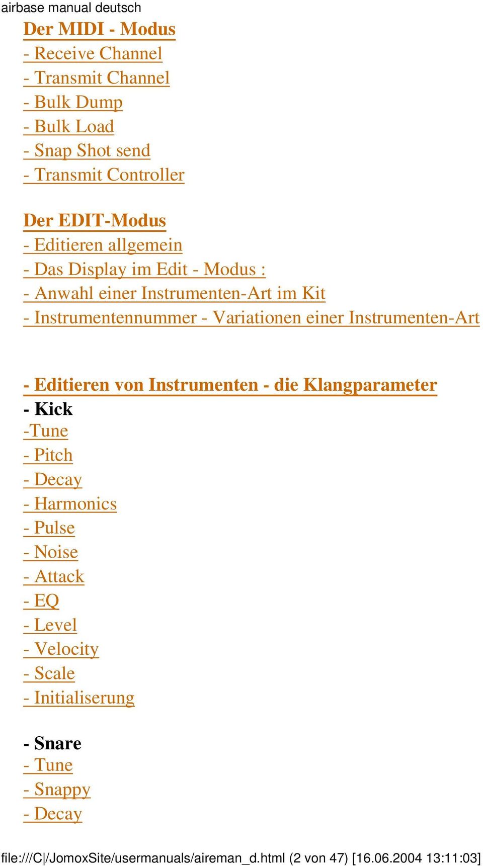 Instrumenten-Art - Editieren von Instrumenten - die Klangparameter - Kick -Tune - Pitch - Decay - Harmonics - Pulse - Noise - Attack - EQ -