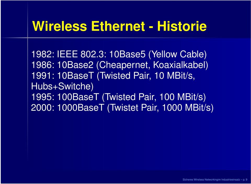 10BaseT (Twisted Pair, 10 MBit/s, Hubs+Switche) 1995: 100BaseT (Twisted