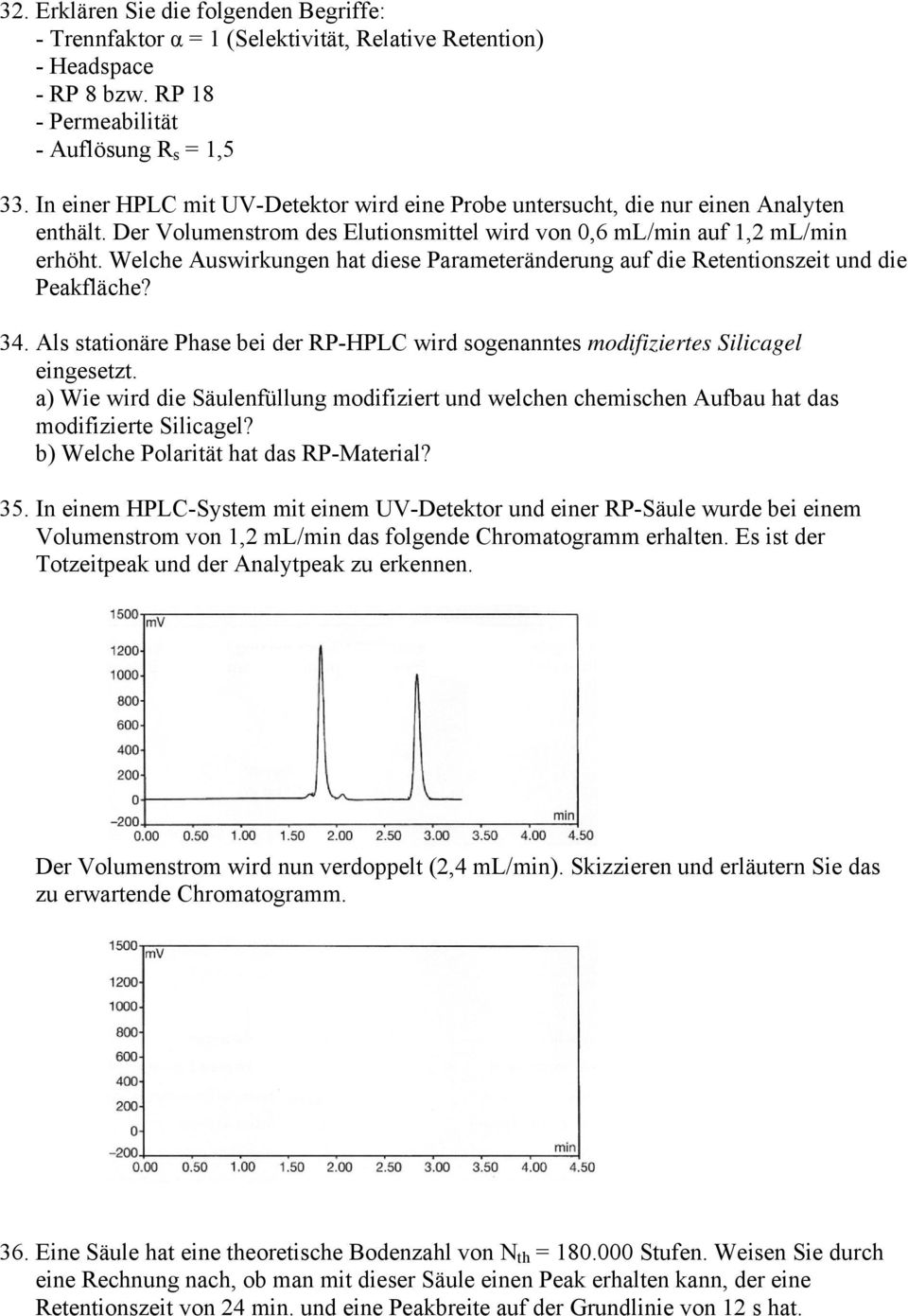 Welche Auswirkungen hat diese Parameteränderung auf die Retentionszeit und die Peakfläche? 34. Als stationäre Phase bei der RP-HPLC wird sogenanntes modifiziertes Silicagel eingesetzt.