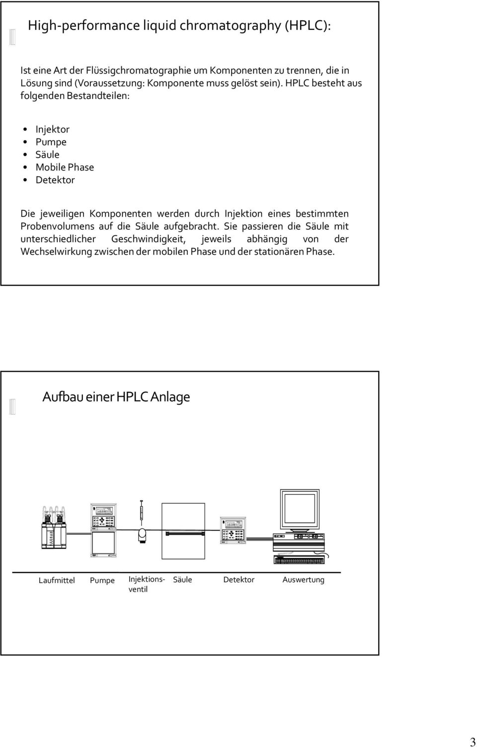 HPLC besteht aus folgenden Bestandteilen: Injektor Pumpe Säule Mobile Phase Detektor Die jeweiligen Komponenten werden durch Injektion eines bestimmten Probenvolumens