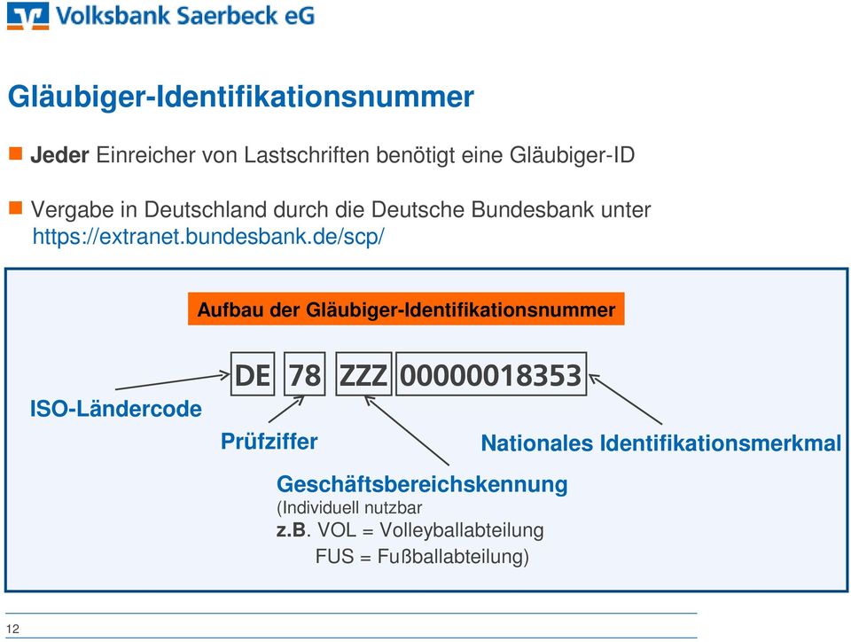 de/scp/ Aufbau der Gläubiger-Identifikationsnummer ISO-Ländercode DE 78 ZZZ 00000018353 Prüfziffer
