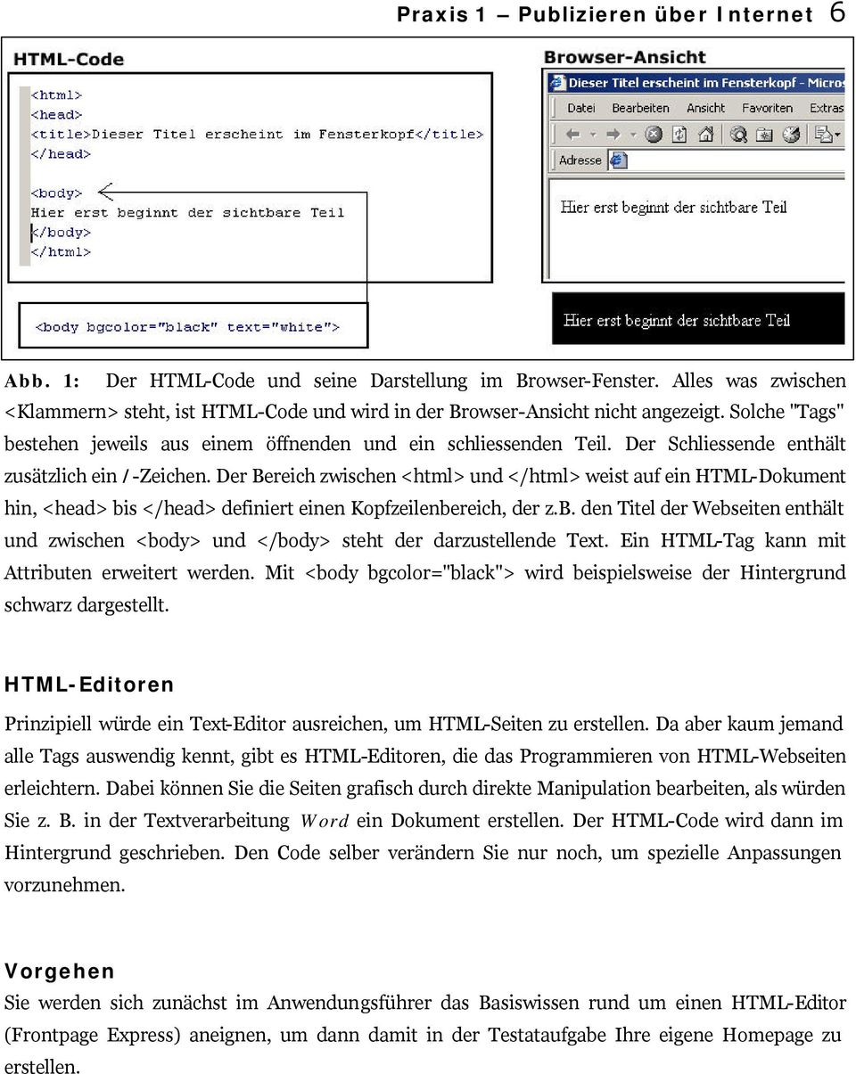 Der Bereich zwischen <html> und </html> weist auf ein HTML-Dokument hin, <head> bis </head> definiert einen Kopfzeilenbereich, der z.b. den Titel der Webseiten enthält und zwischen <body> und </body> steht der darzustellende Text.