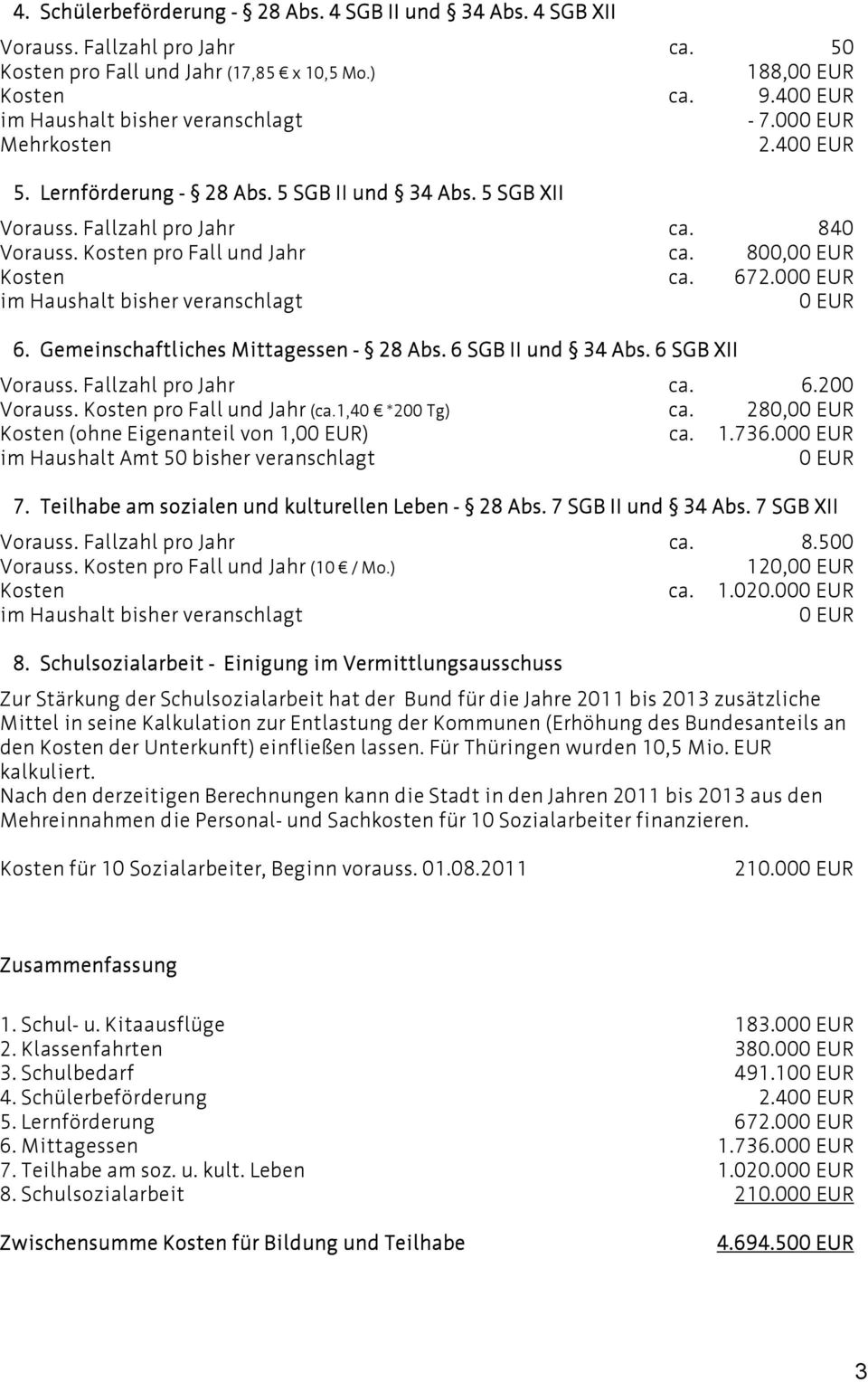 6 SGB XII Vorauss. Fallzahl pro Jahr ca. 6.200 Vorauss. Kosten pro Fall und Jahr (ca.1,40 *200 Tg) ca. 280,0 Kosten (ohne Eigenanteil von 1,0) ca. 1.736.00 im Haushalt Amt 50 bisher veranschlagt 7.