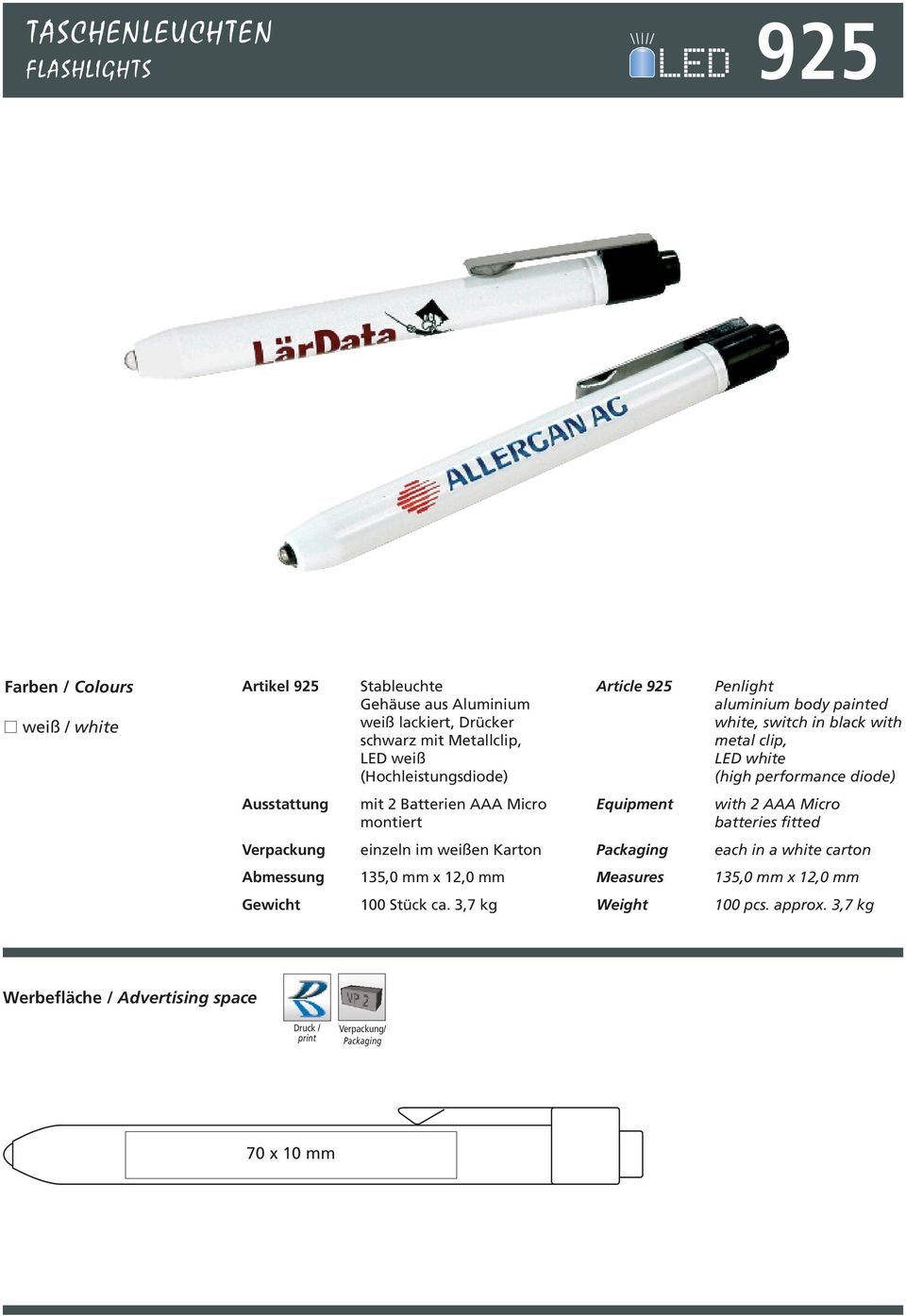 performance diode) mit 2 Batterien AAA Micro montiert with 2 AAA Micro batteries fitted einzeln im weißen Karton