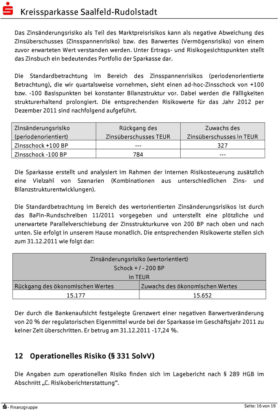 Die Standardbetrachtung im Bereich des Zinsspannenrisikos (periodenorientierte Betrachtung), die wir quartalsweise vornehmen, sieht einen ad-hoc-zinsschock von +100 bzw.