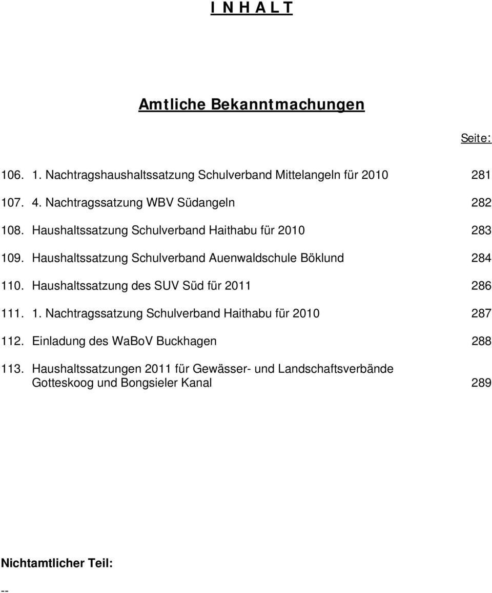 Haushaltssatzung Schulverband Auenwaldschule Böklund 284 110. Haushaltssatzung des SUV Süd für 2011 286 111. 1. Nachtragssatzung Schulverband Haithabu für 2010 287 112.
