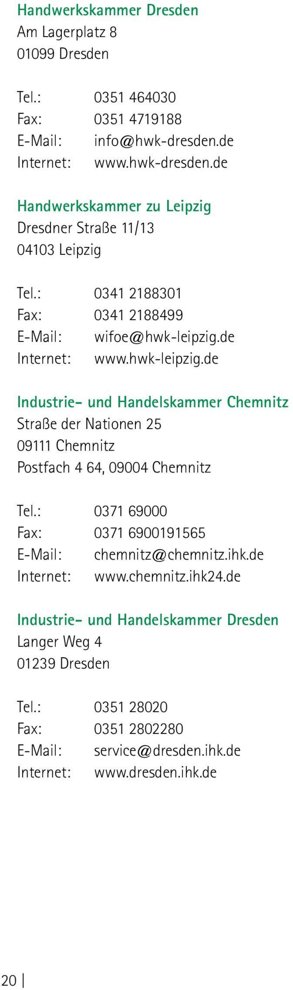 de Internet: www.hwk-leipzig.de Industrie- und Handelskammer Chemnitz Straße der Nationen 25 09111 Chemnitz Postfach 4 64, 09004 Chemnitz Tel.