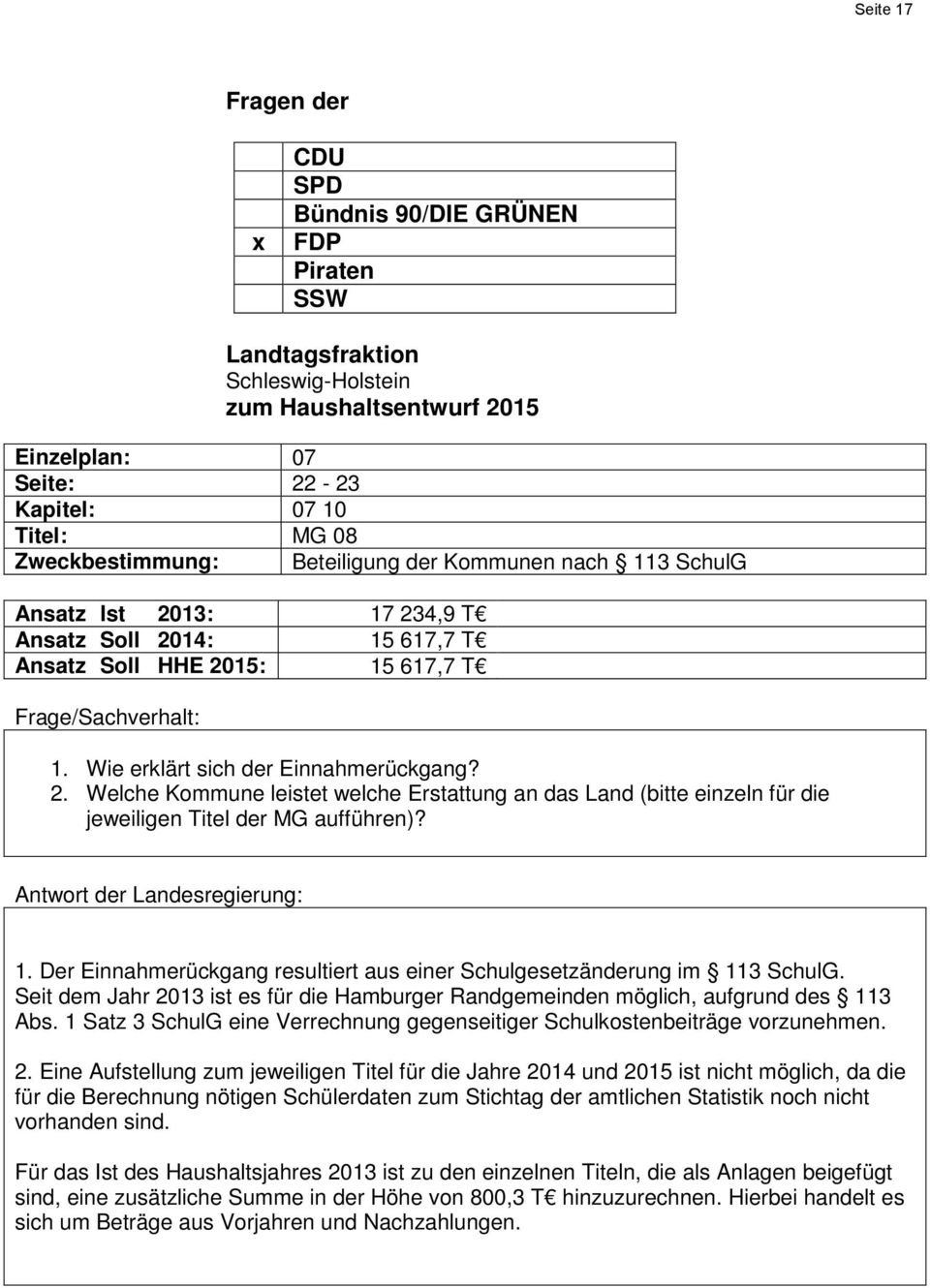 Der Einnahmerückgang resultiert aus einer Schulgesetzänderung im 113 SchulG. Seit dem Jahr 2013 ist es für die Hamburger Randgemeinden möglich, aufgrund des 113 Abs.