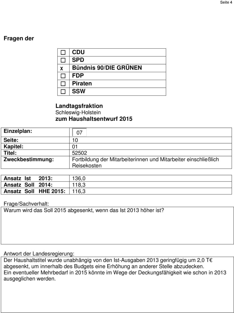 Antwort der Landesregierung: Der Haushaltstitel wurde unabhängig von den Ist-Ausgaben 2013 geringfügig um 2,0 T abgesenkt, um innerhalb des