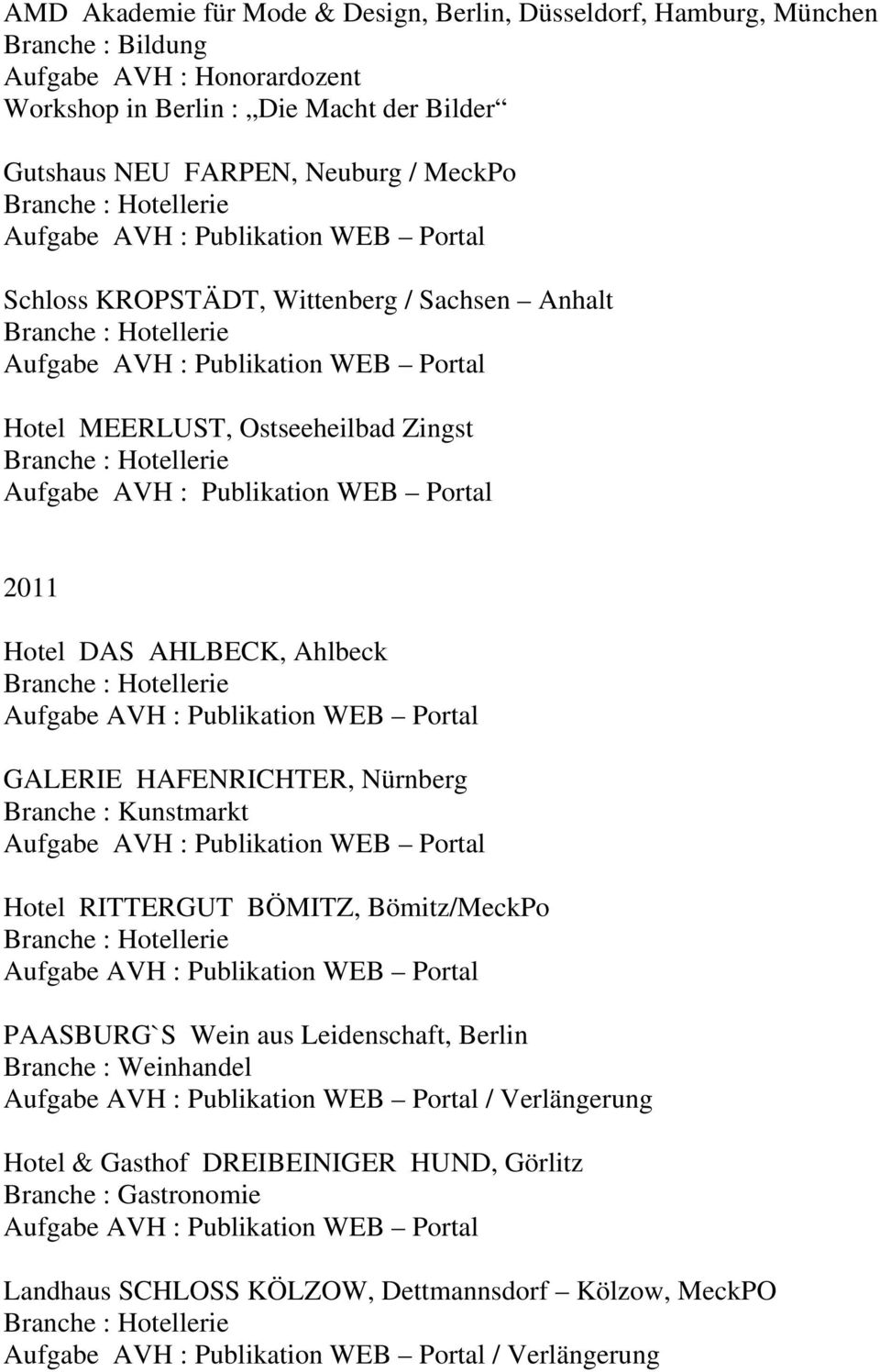 AHLBECK, Ahlbeck GALERIE HAFENRICHTER, Nürnberg Branche : Kunstmarkt Hotel RITTERGUT BÖMITZ, Bömitz/MeckPo PAASBURG`S Wein aus Leidenschaft, Berlin