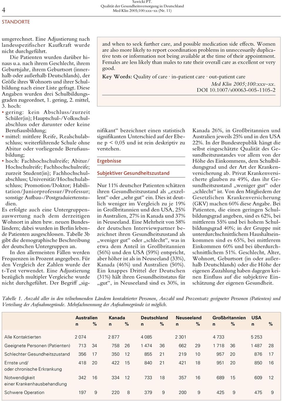 Females are less likely than males to rate their overall care as excellent or very good. Key Words: Quality of care in-patient care out-patient care Med Klin 2005;100:xxx xx. DOI 10.