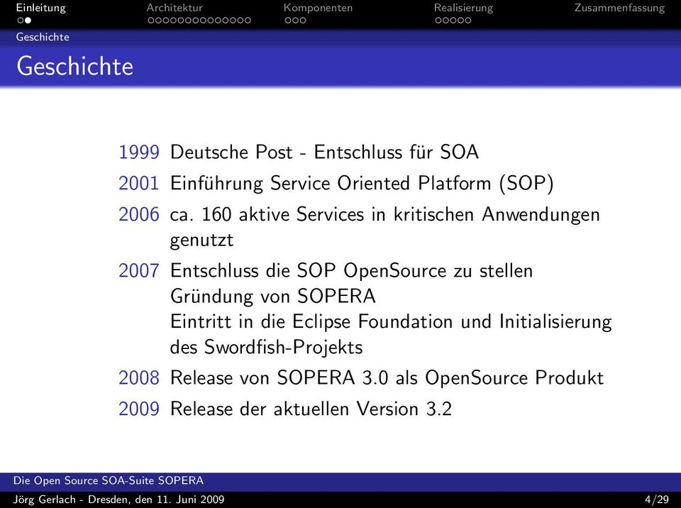160 aktive Services in kritischen Anwendungen genutzt 2007 Entschluss die SOP OpenSource zu stellen Gründung von