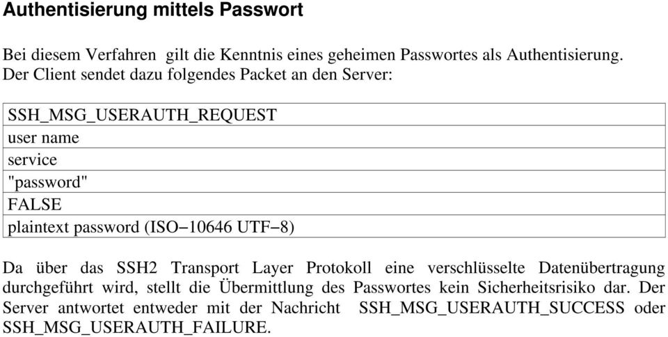 (ISO 10646 UTF 8) Da über das SSH2 Transport Layer Protokoll eine verschlüsselte Datenübertragung durchgeführt wird, stellt die