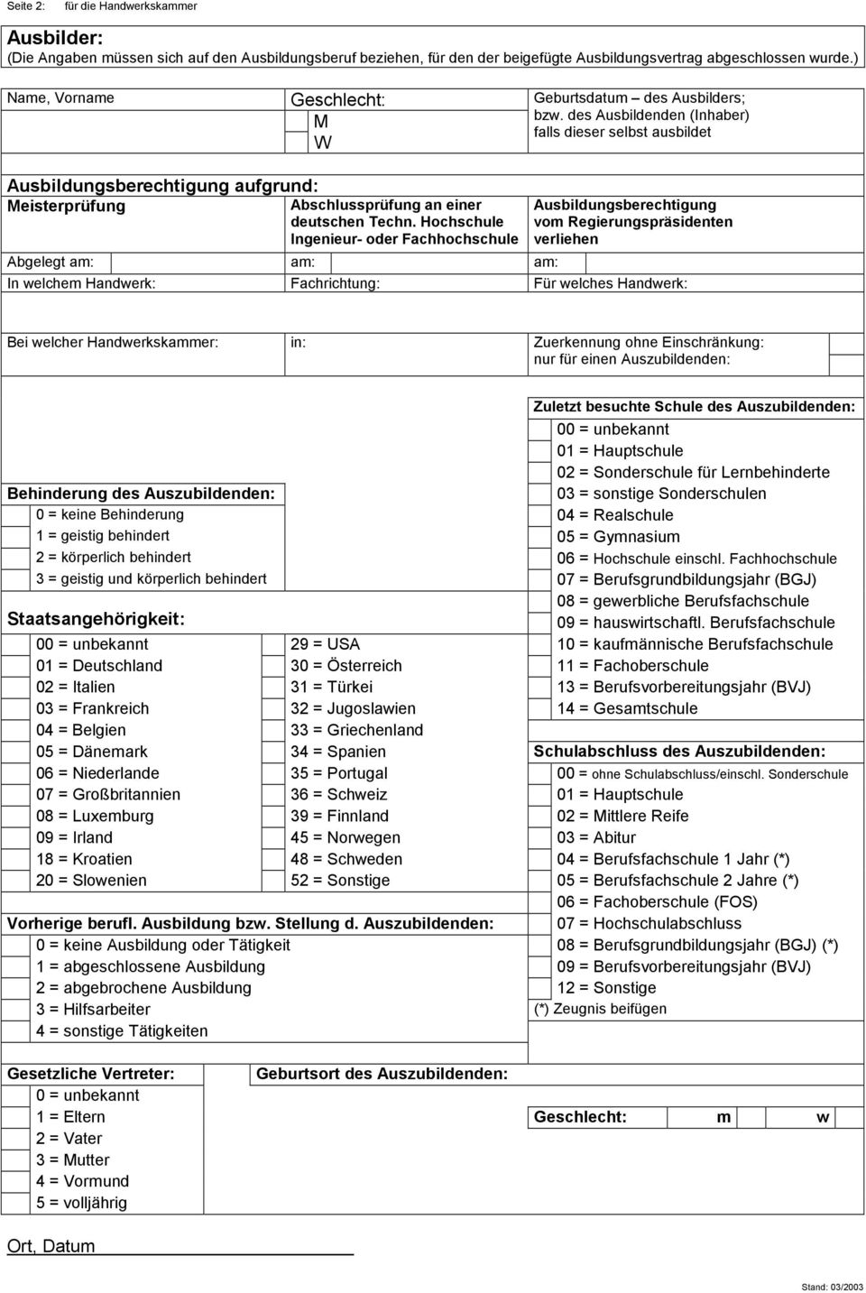 Hochschule Ingenieur- oder Fachhochschule Ausbildungsberechtigung vom Regierungspräsidenten verliehen Abgelegt am: am: am: In welchem Handwerk: Fachrichtung: Für welches Handwerk: Bei welcher