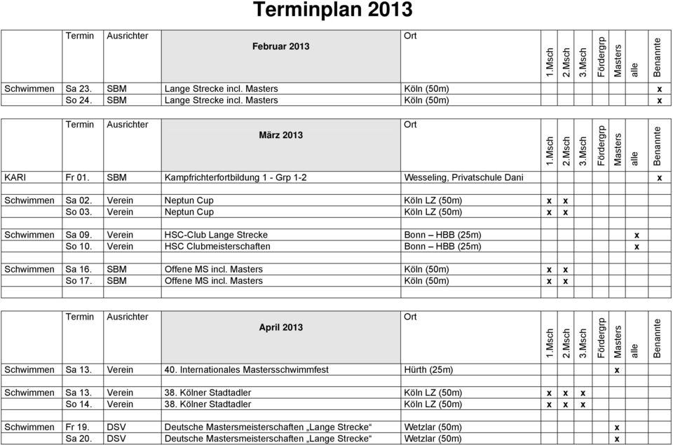 Verein HSC-Club Lange Strecke Bonn HBB (25m) x So 10. Verein HSC Clubmeisterschaften Bonn HBB (25m) x Schwimmen Sa 16. SBM Offene MS incl. Köln (50m) x x So 17. SBM Offene MS incl. Köln (50m) x x April 2013 Schwimmen Sa 13.