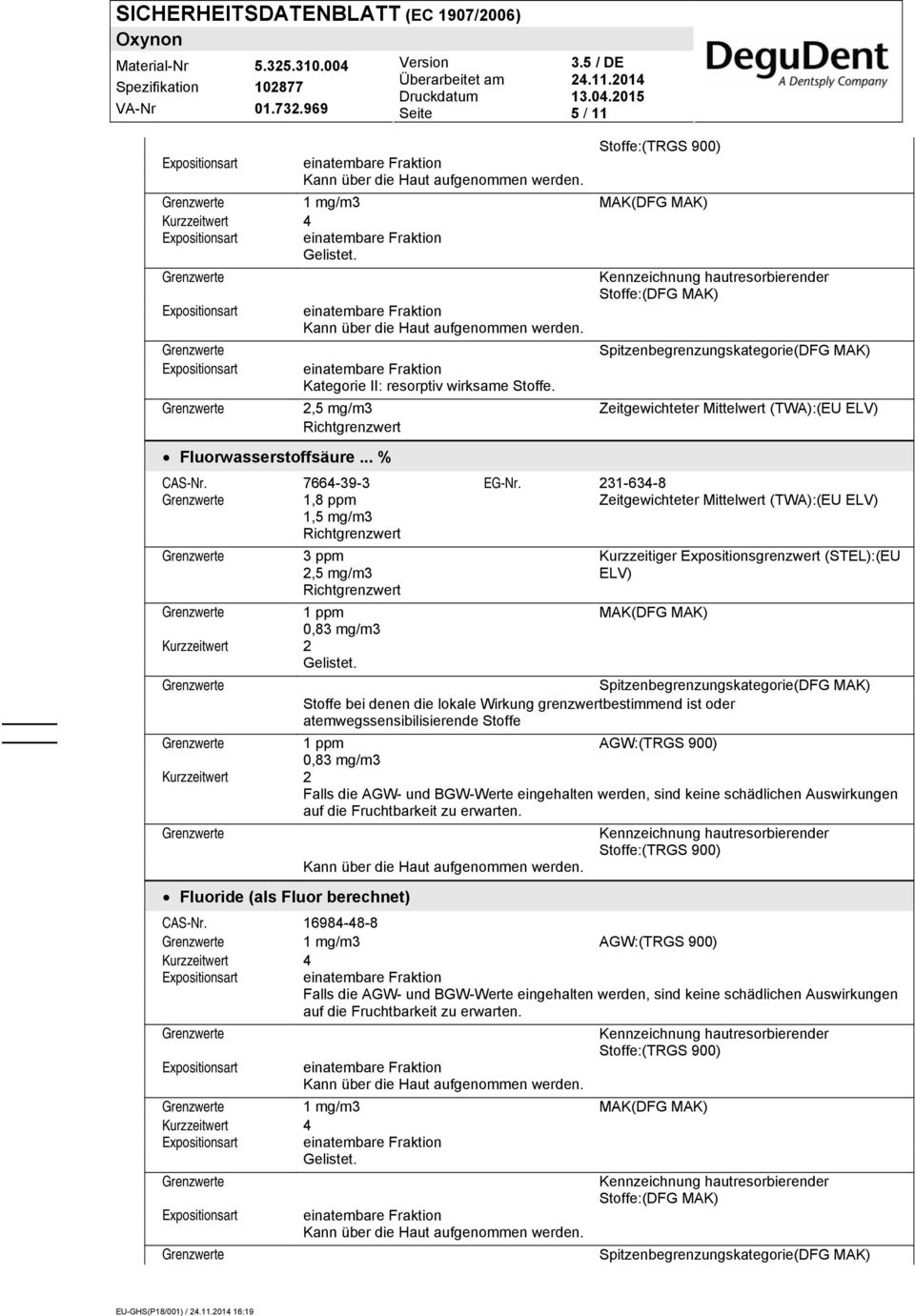 231-634-8 1,8 ppm Zeitgewichteter Mittelwert (TWA):(EU ELV) 1,5 mg/m3 Richtgrenzwert 3 ppm 2,5 mg/m3 Richtgrenzwert 1 ppm 0,83 mg/m3 Kurzzeitwert 2 Gelistet.