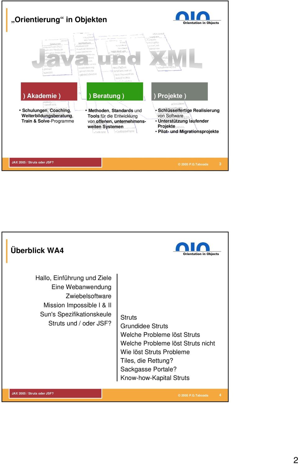 Migrationsprojekte 3 Überblick WA4 Hallo, Einführung und Ziele Eine Webanwendung Zwiebelsoftware Mission Impossible I & II Sun's Spezifikationskeule Struts und /