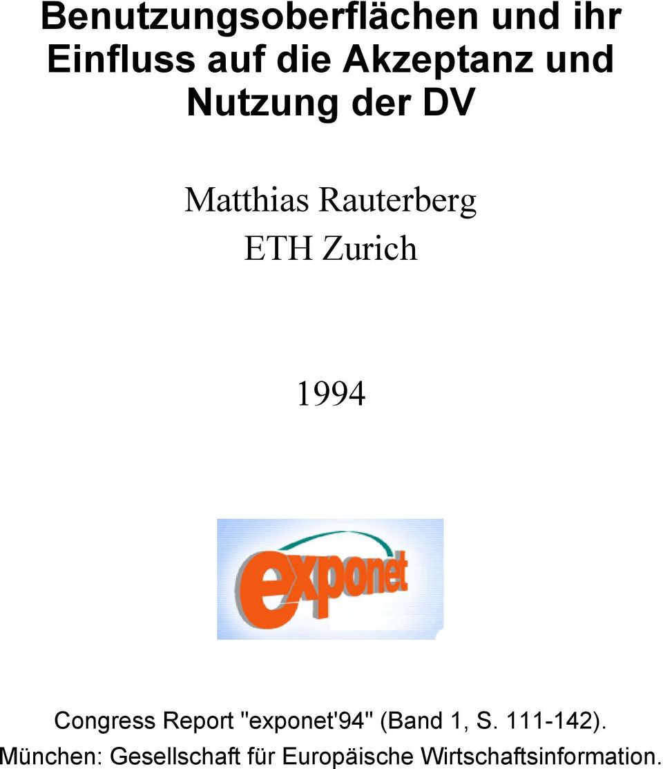 Zurich 1994 Congress Report "exponet'94" (Band 1, S.