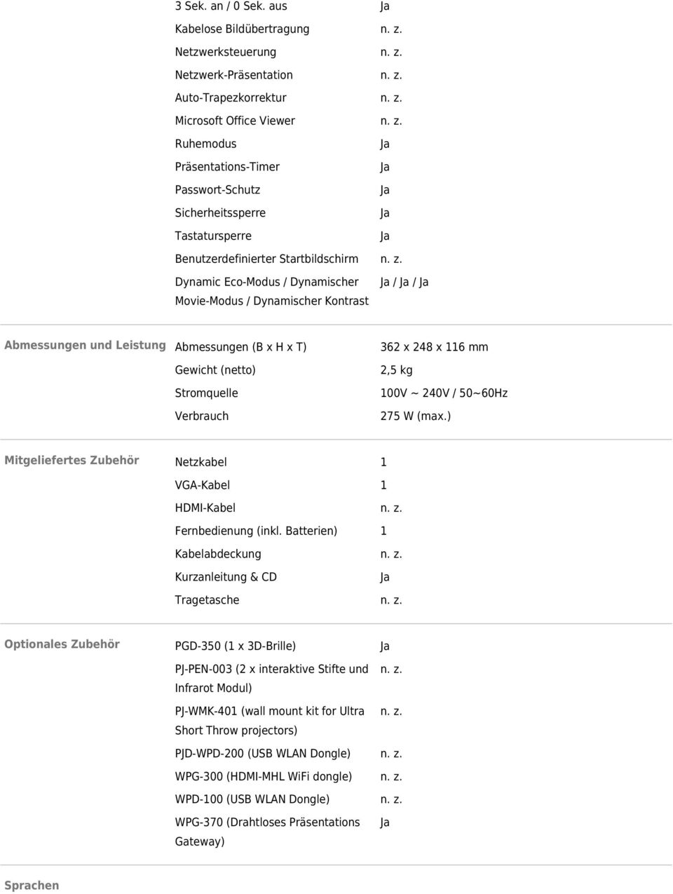 Benutzerdefinierter Startbildschirm Dynamic Eco-Modus / Dynamischer / / Movie-Modus / Dynamischer Kontrast Abmessungen und Leistung Abmessungen (B x H x T) Mitgeliefertes Zubehör Optionales Zubehör