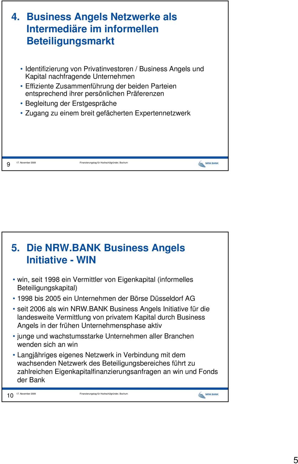 BANK Business Angels Initiative - WIN win, seit 1998 ein Vermittler von Eigenkapital (informelles Beteiligungskapital) 1998 bis 2005 ein Unternehmen der Börse Düsseldorf AG seit 2006 als win NRW.