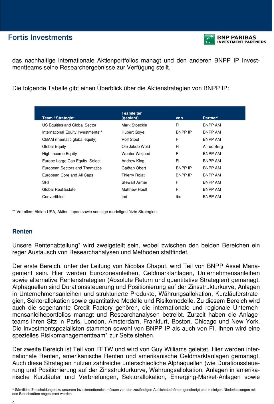 Goye BNPP IP BNPP AM OBAM (thematic global equity) Rolf Stout FI BNPP AM Global Equity Ole Jakob Wold FI Alfred Berg High Income Equity Wouter Weijand FI BNPP AM Europe Large Cap Equity Select Andrew