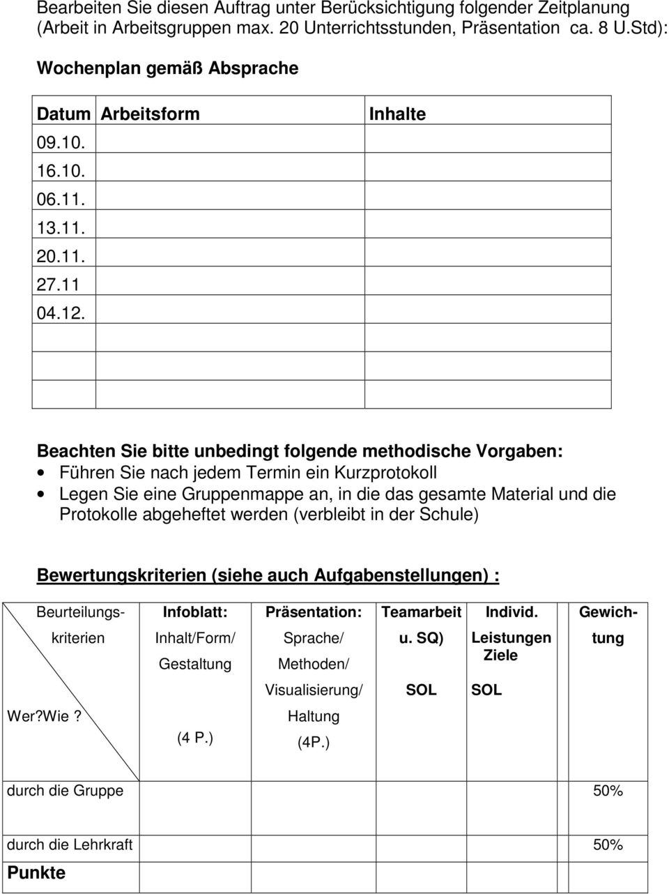 Inhalte Beachten Sie bitte unbedingt folgende methodische Vorgaben: Führen Sie nach jedem Termin ein Kurzprotokoll Legen Sie eine Gruppenmappe an, in die das gesamte Material und die Protokolle