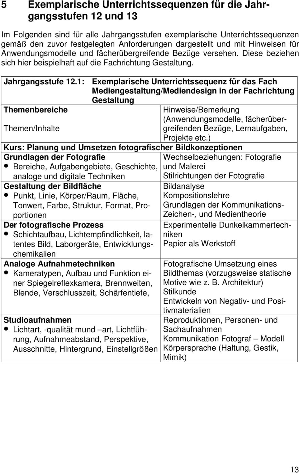 1: Exemplarische Unterrichtssequenz für das Fach Mediengestaltung/Mediendesign in der Fachrichtung Gestaltung Themenbereiche Hinweise/Bemerkung (Anwendungsmodelle, fächerübergreifenden Bezüge,