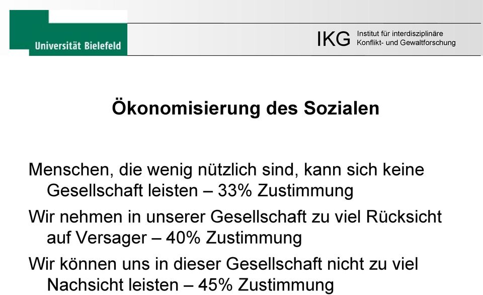 Gesellschaft zu viel Rücksicht auf Versager 40% Zustimmung Wir können