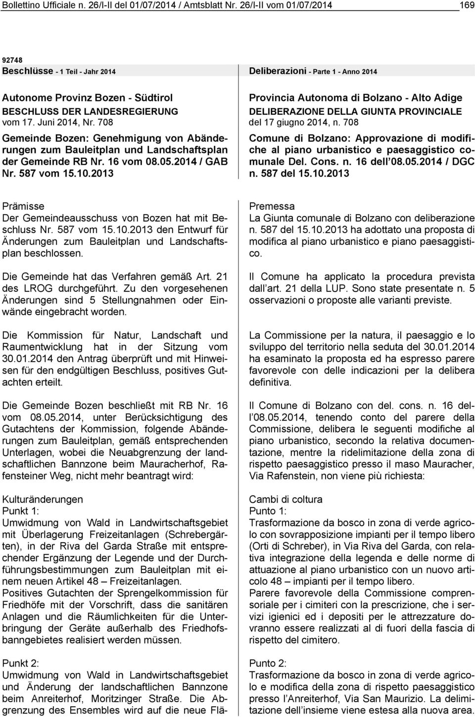 708 Gemeinde Bozen: Genehmigung von Abänderungen zum Bauleitplan und Landschaftsplan der Gemeinde RB Nr. 16 vom 08.05.2014 / GAB Nr. 587 vom 15.10.