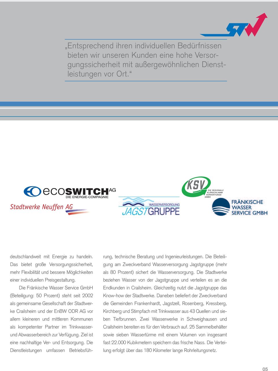 Die Fränkische Wasser Service GmbH (Beteiligung: 50 Prozent) steht seit 2002 als gemeinsame Gesellschaft der Stadtwerke Crailsheim und der EnBW ODR AG vor allem kleineren und mittleren Kommunen als