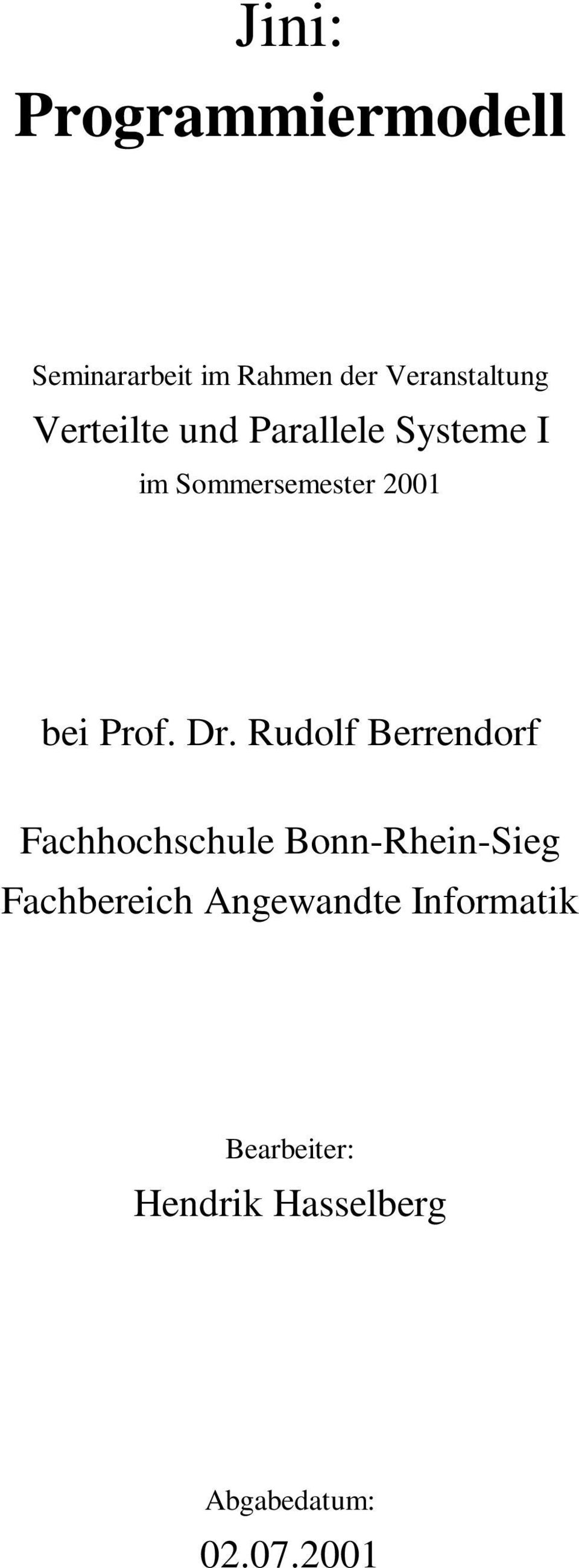 Dr. Rudolf Berrendorf Fachhochschule Bonn-Rhein-Sieg Fachbereich
