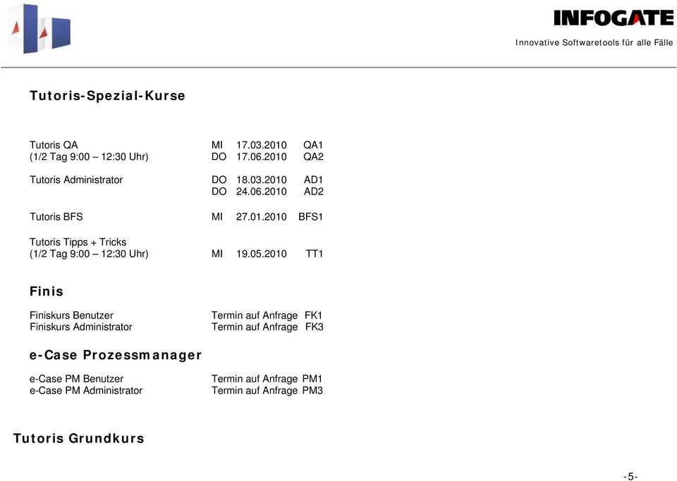 05.2010 TT1 Finis Finiskurs Benutzer Termin auf Anfrage FK1 Finiskurs Administr ator Termin auf Anfrage FK3 e-case