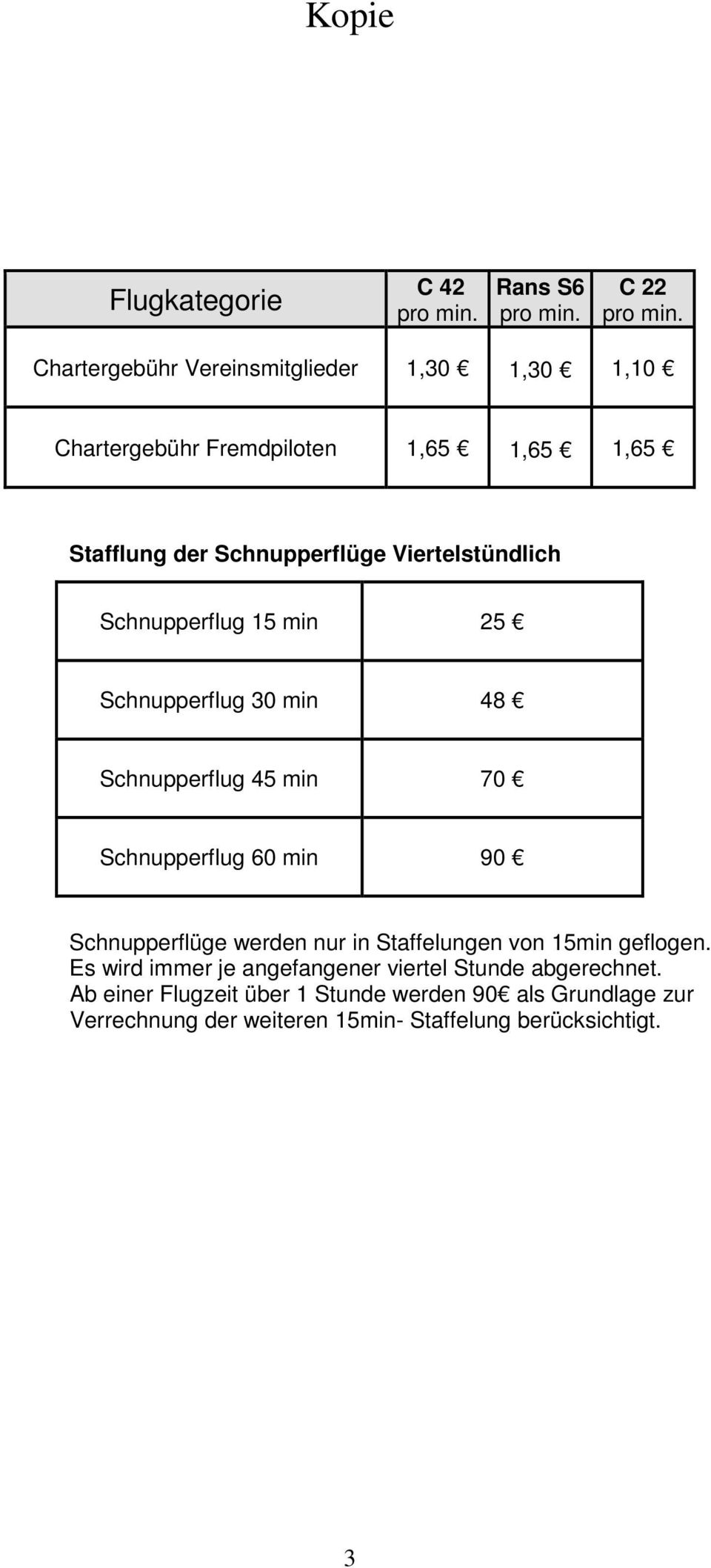 Viertelstündlich Schnupperflug 15 min 25 Schnupperflug 30 min 48 Schnupperflug 45 min 70 Schnupperflug 60 min 90 Schnupperflüge