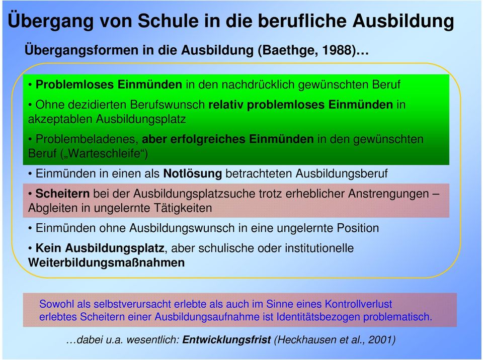 Ausbildungsberuf Scheitern bei der Ausbildungsplatzsuche trotz erheblicher Anstrengungen Abgleiten in ungelernte Tätigkeiten Einmünden ohne Ausbildungswunsch in eine ungelernte Position Kein