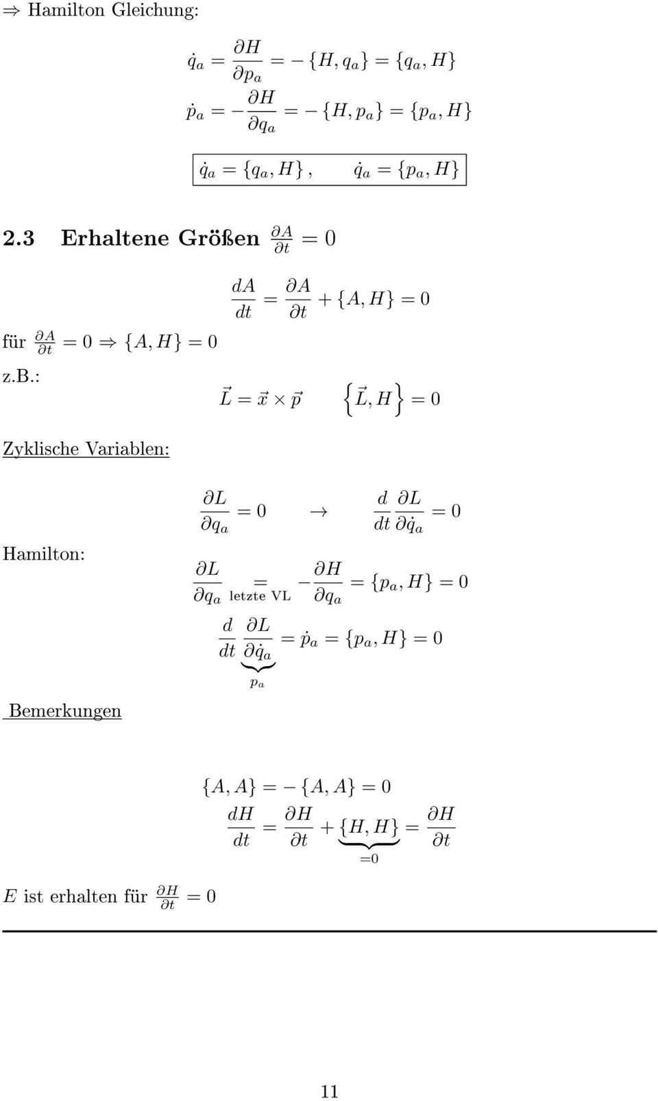 : = 0 {A, H} = 0 Zyklische Varialen: da dt = A + {A, H} = 0 t L = x p { } L, H = 0 Hamilton: Bemerkungen