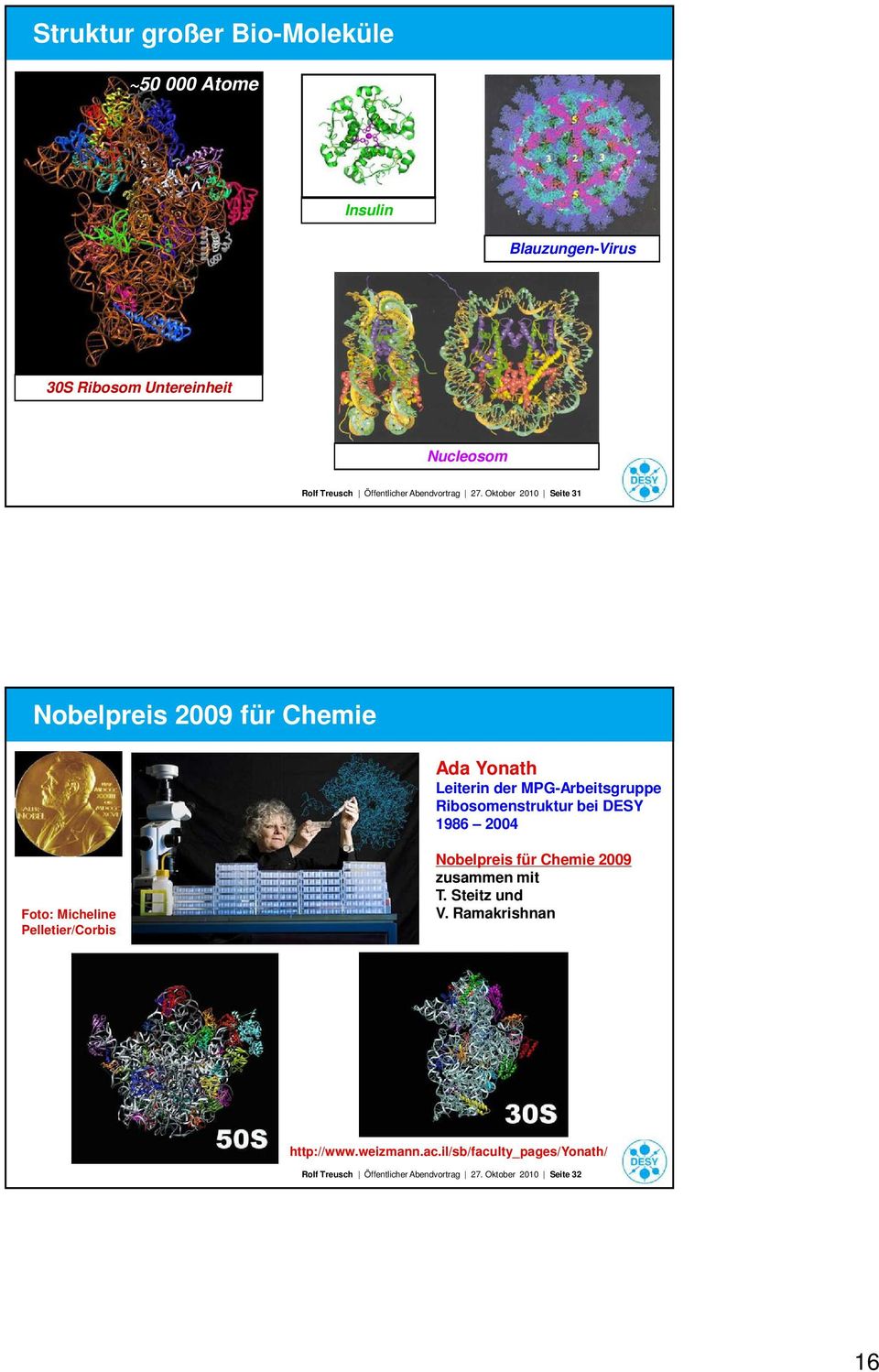 Oktober 2010 Seite 31 Nobelpreis 2009 für Chemie Ada Yonath Leiterin der MPG-Arbeitsgruppe Ribosomenstruktur bei DESY 1986