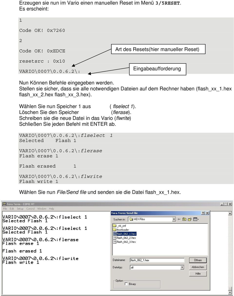 Stellen sie sicher, dass sie alle notwendigen Dateien auf dem Rechner haben (flash_xx_1.hex flash_xx_2.hex flash_xx_3.hex). Wählen Sie nun Speicher 1 aus ( flselect 1).