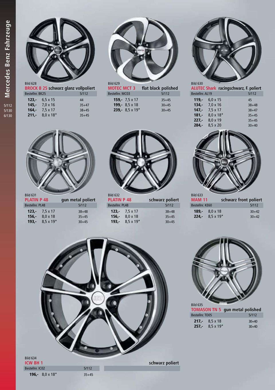 MC03 7,5 x 17 35+45 8,5 x 18 30+45 8,5 x 19* 30+45 Bild 630 ALUTEC Shark racingschwarz, F. poliert Bestellnr.