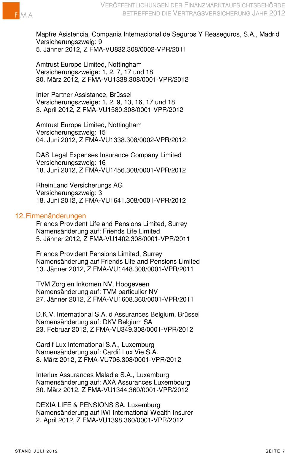 308/0001-VPR/2012 Inter Partner Assistance, Brüssel Versicherungszweige: 1, 2, 9, 13, 16, 17 und 18 3. April 2012, Z FMA-VU1580.